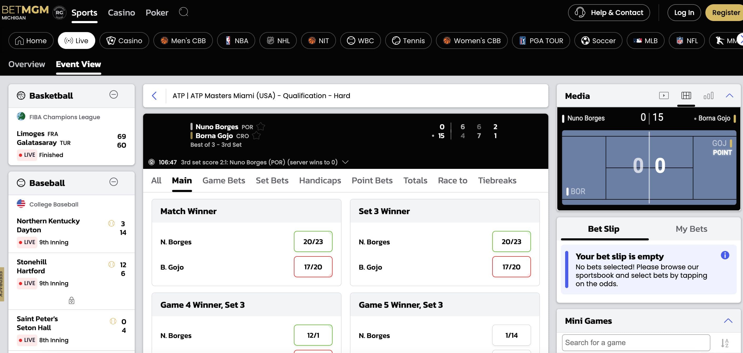 Image of the live betting screen during a tennis match at BetMGM Michigan