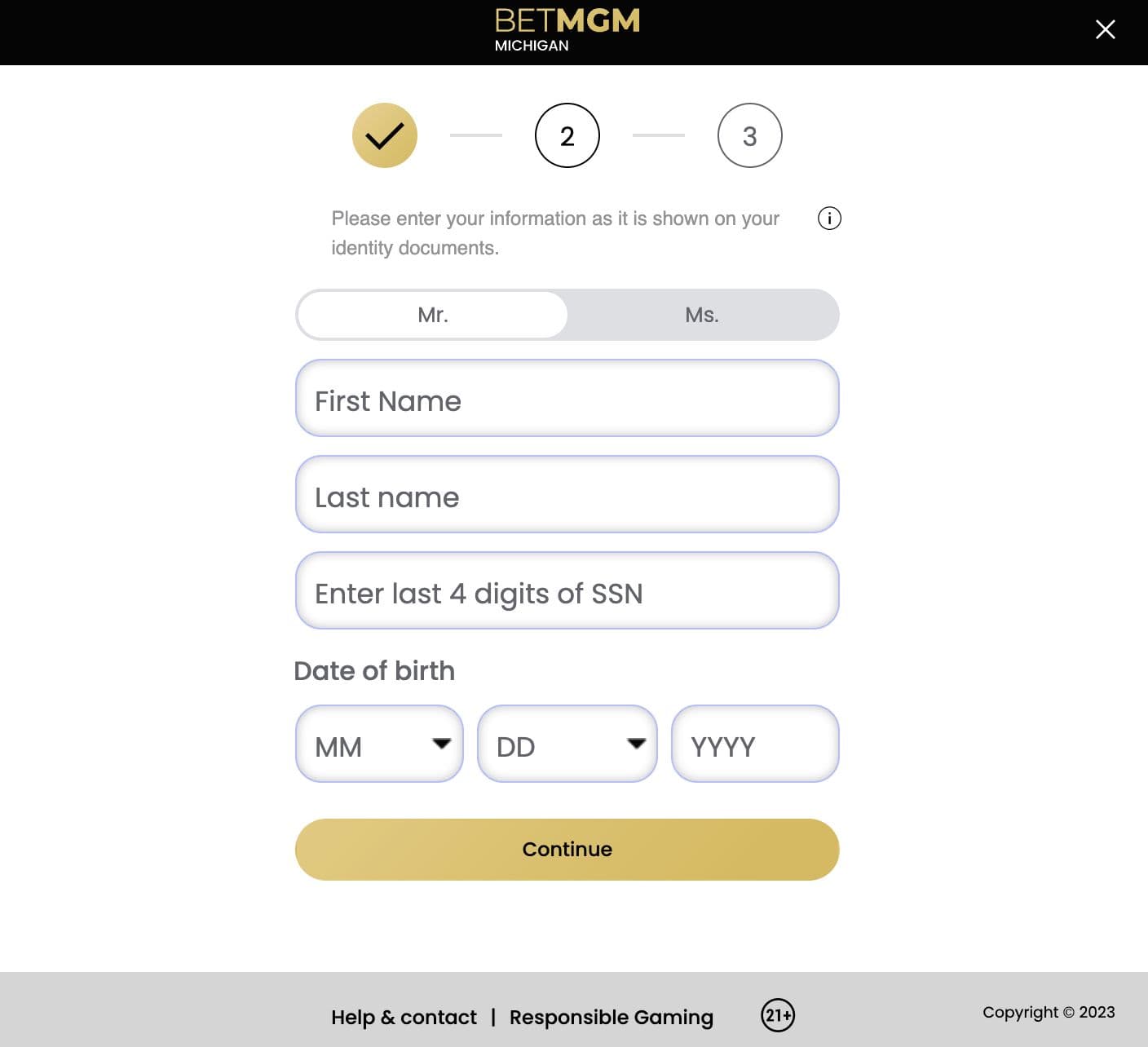 Image of the BetMGM Michigan registration details page