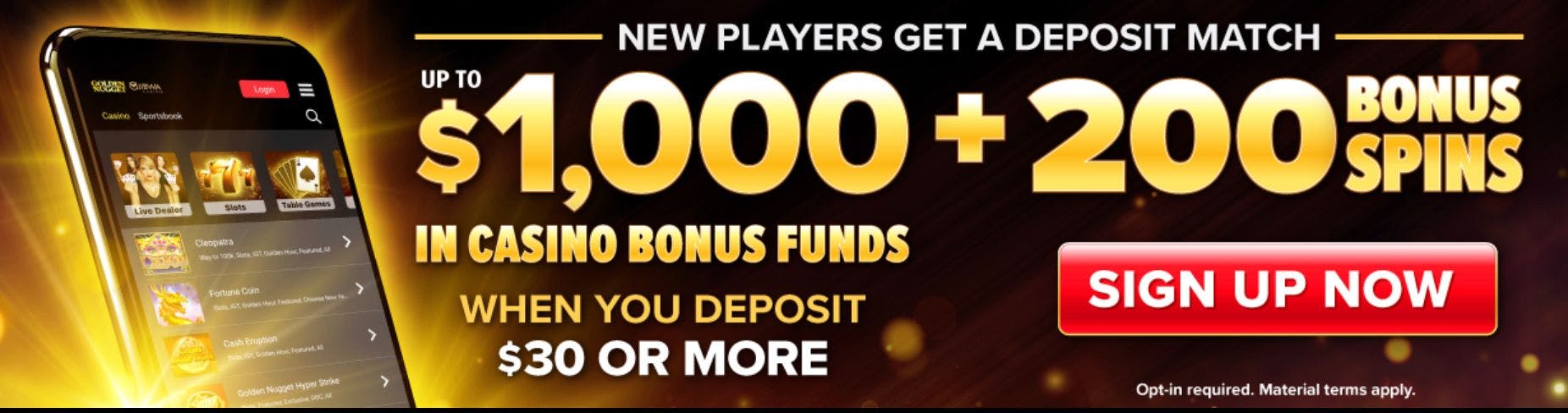 Image detailing the $1,000 matched deposit bonus plus 200 free spins on offer as a welcome bonus at Golden Nugget Casino in Michigan