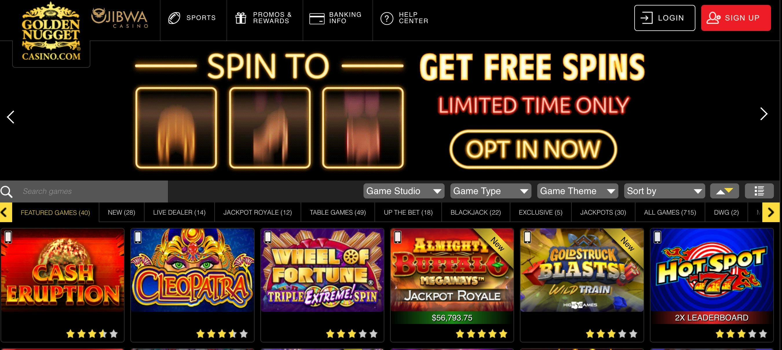 Image of the home page of the Michigan Golden Nugget Casino