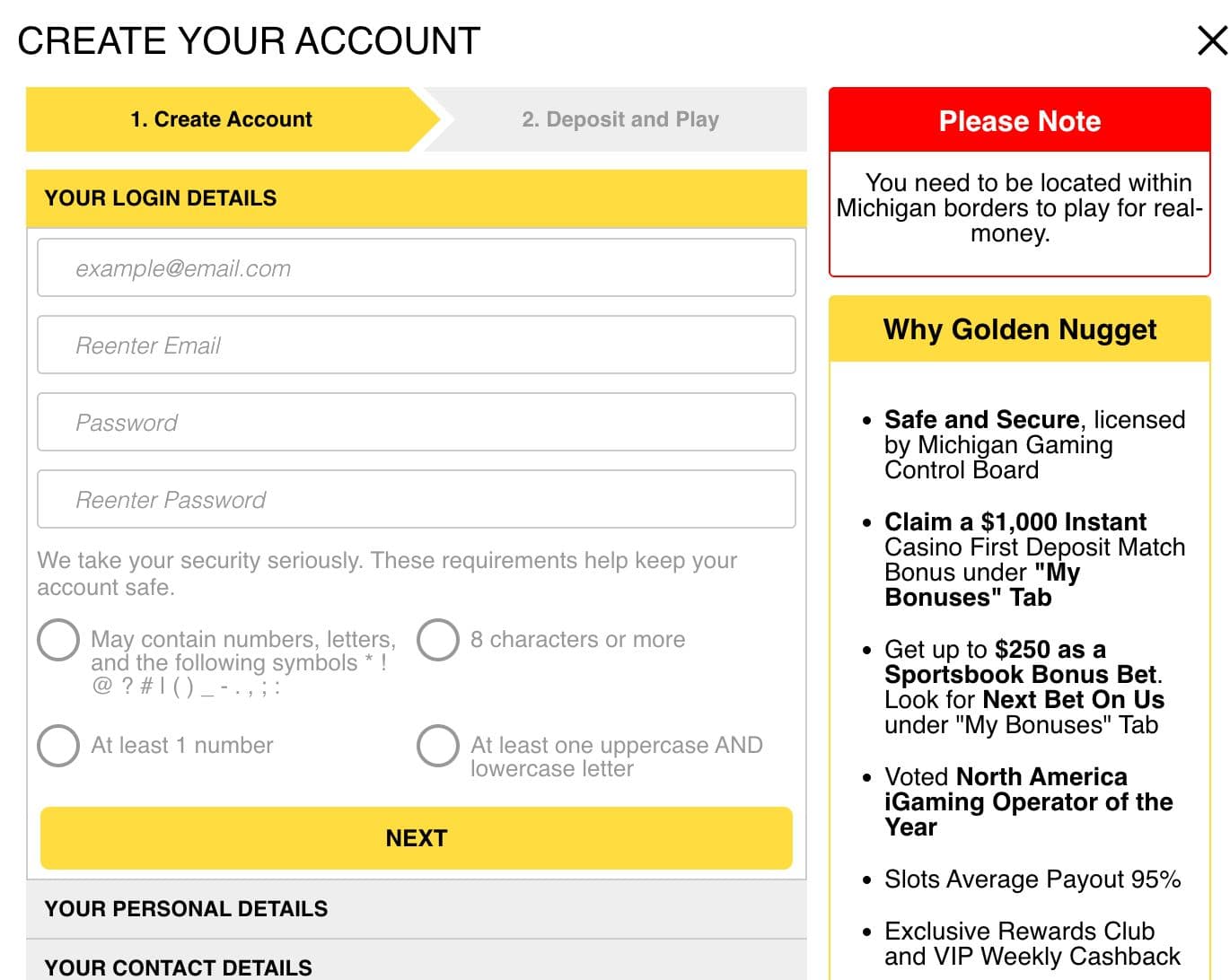 Image of the Golden Nugget registration form for players in Michigan