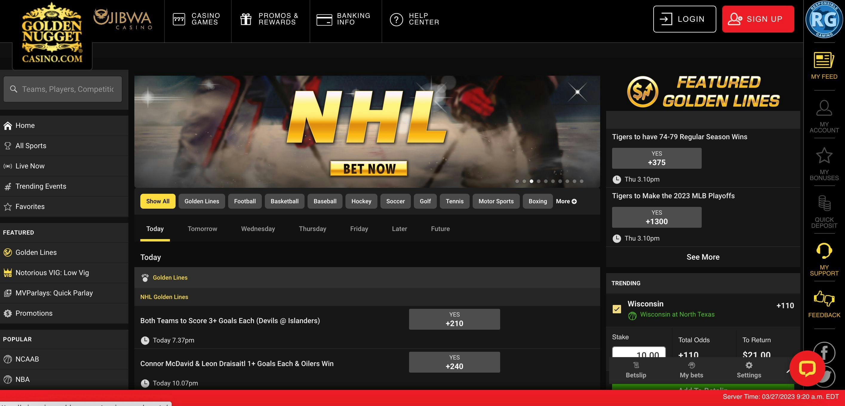 Image of the home page of Golden Nugget Sportsbook in Michigan